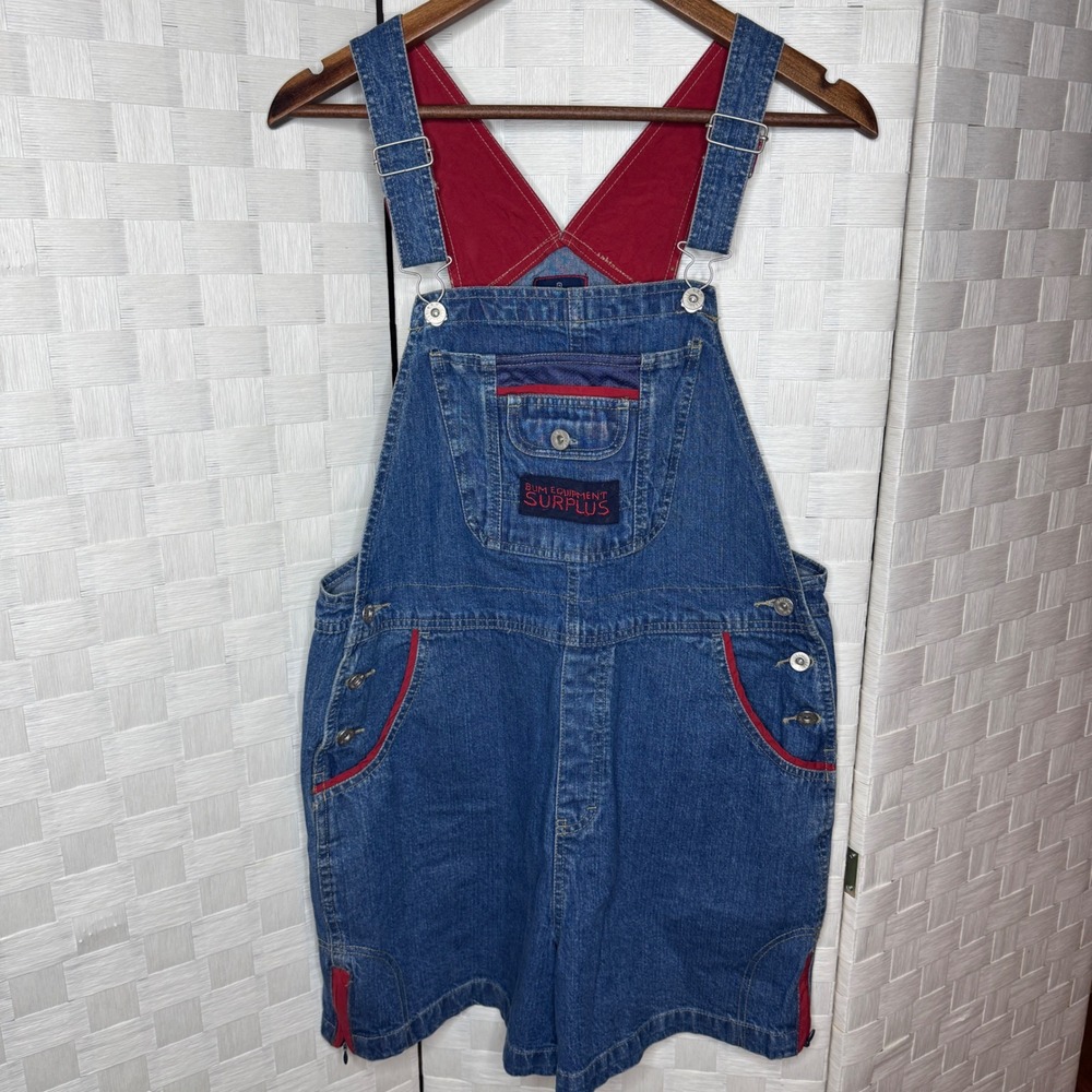 Vintage BUM Equipment Surplus Denim Shortalls Blue Red Contrast Trim Large